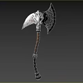 Ornate Axe Weapon With Detailed Metal Head And Brown Wooden Handle