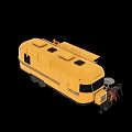 Yellow Food Truck With Serving Display Window Kitchen Equipment And Outdoor Tables Chairs