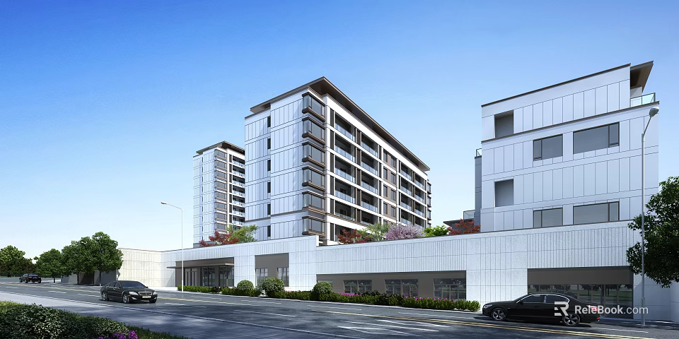 Modern High Rise Residential Building with White Exterior Balconies Green Plants and Parking Lot 3d model 