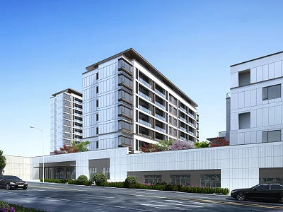 Modern High Rise Residential Building with White Exterior Balconies Green Plants and Parking Lot 3d model