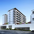Modern High Rise Residential Building with White Exterior Balconies Green Plants and Parking Lot