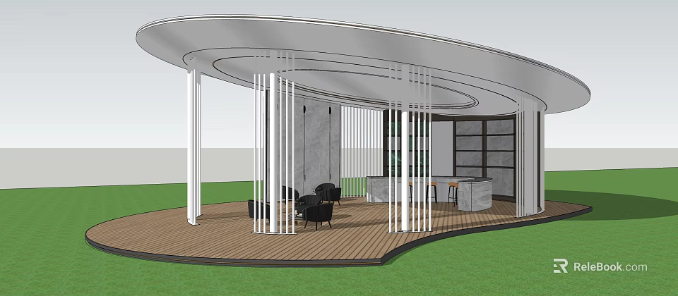 Pergola With Curved Roof White Columns Wooden Flooring Black Chairs Bar Counter And Green Lawn 3d model 