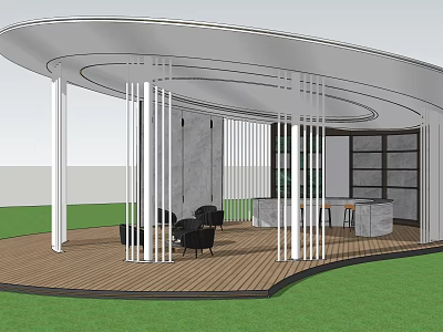 Pergola With Curved Roof White Columns Wooden Flooring Black Chairs Bar Counter And Green Lawn 3d model