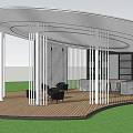 Pergola With Curved Roof White Columns Wooden Flooring Black Chairs Bar Counter And Green Lawn
