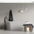 White Bathtub With Black Faucet Hanging Gray Towel Two Pendant Lights And Wooden Stool