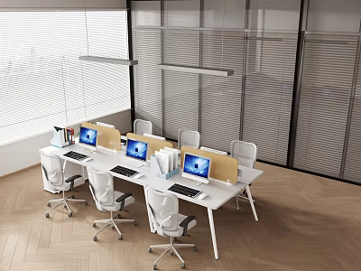 Modern Office Desk And Chair Set With White Furniture Laptop And Wooden Floor 3d model