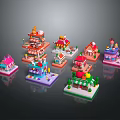 Colorful Miniature Block Building Models With Various Styles And Decorative Trees Windows And Roofs