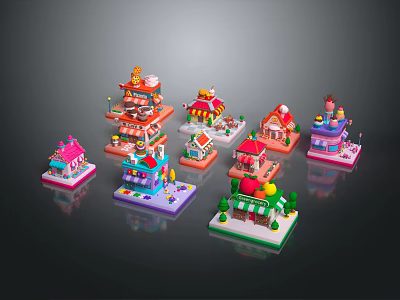 Colorful Miniature Block Building Models With Various Styles And Decorative Trees Windows And Roofs 3d model