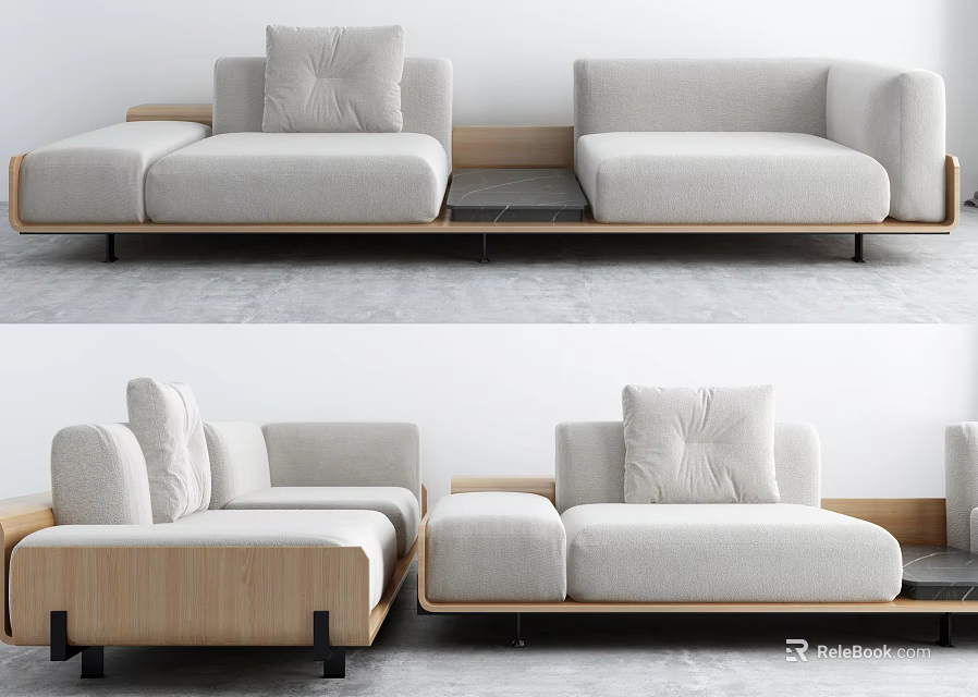 Modern Sectional Sofa with Light Gray Fabric Soft Cushions and Wooden Armrest Design 3d model 