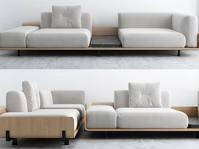 Modern Sectional Sofa with Light Gray Fabric Soft Cushions and Wooden Armrest Design 3d model