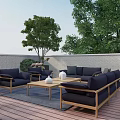 Outdoor Dining Table Set With Umbrella And Chairs On Wooden Patio