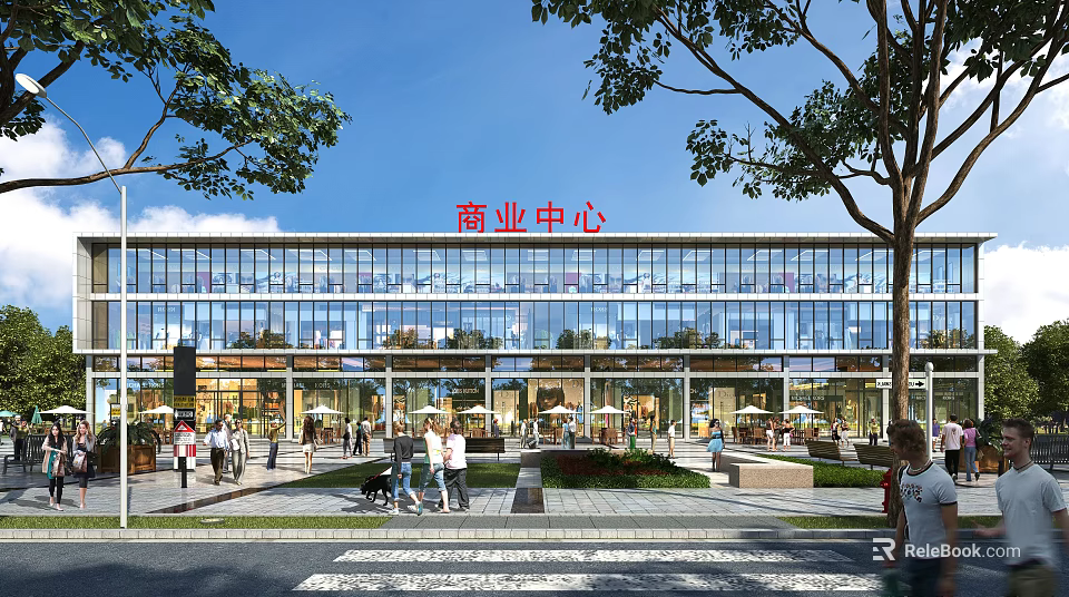 Modern Commercial Street With Glass Curtain Walls Pedestrians And Outdoor Leisure Areas 3d model 