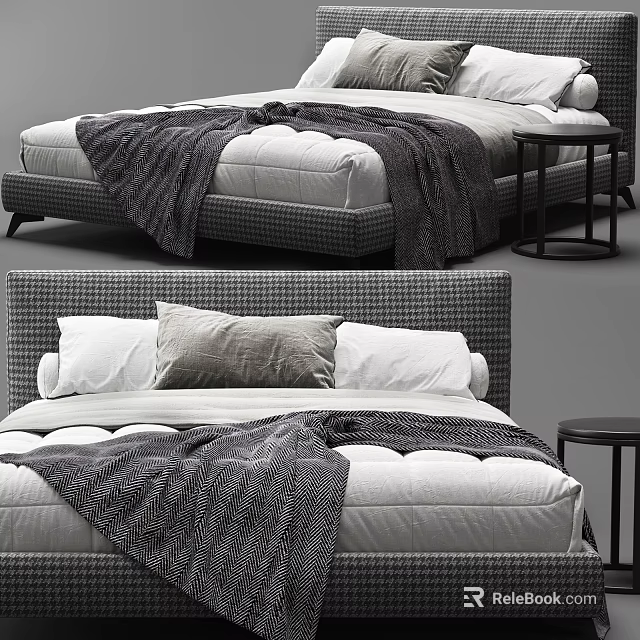 Modern Double Bed With Houndstooth Upholstery Knit Blanket Pillows And Side Table 3d model