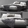 Modern Double Bed With Houndstooth Upholstery Knit Blanket Pillows And Side Table 3d model