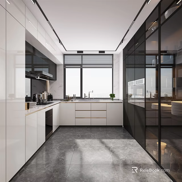 Sleek Modern Kitchen Interior Featuring White Cabinets Black Glass Doors And Marble Countertop 3d model 