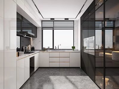Sleek Modern Kitchen Interior Featuring White Cabinets Black Glass Doors And Marble Countertop 3d model