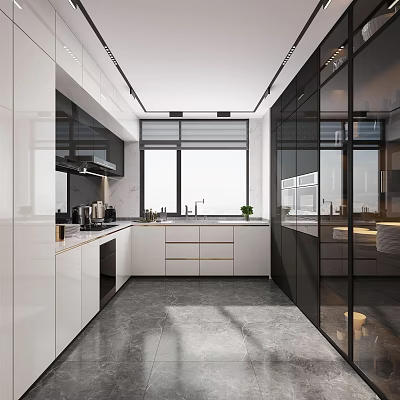 Sleek Modern Kitchen Interior Featuring White Cabinets Black Glass Doors And Marble Countertop 3d model
