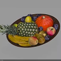 Assorted Fresh Fruits in Wooden Bowl Featuring Pineapple Bananas Apples Plums and Lemon