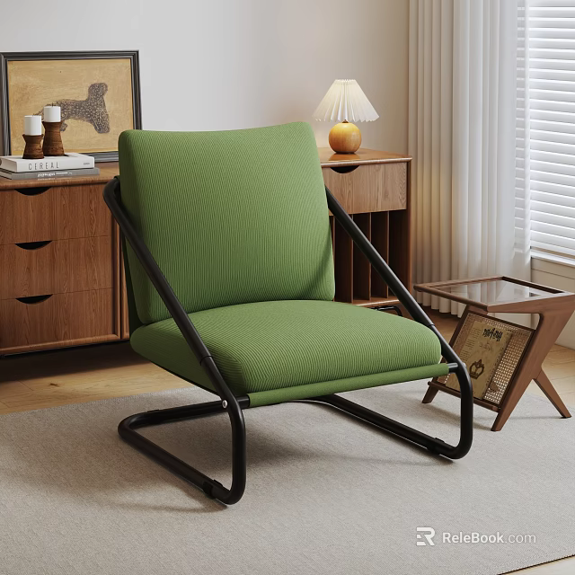 Green Lazy Sofa With Black Metal Frame In Modern Living Room With Wooden Side Table 3d model 