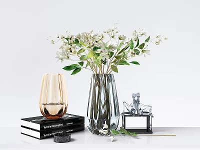 Transparent Vase Holding White Flowers Green Leaves Amber Glass Cup On Black Books Silver Decor 3d model