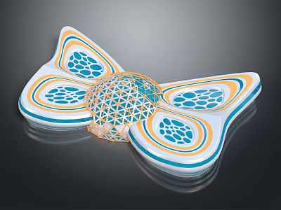 Playful Cartoon Scene With Bow Shaped Object Orange Blue Stripes And Net Like Sphere 3d model