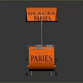 Orange Mobile Food Cart with Canopy Displaying GLACES PAVIES and Serving Trays on Wheels