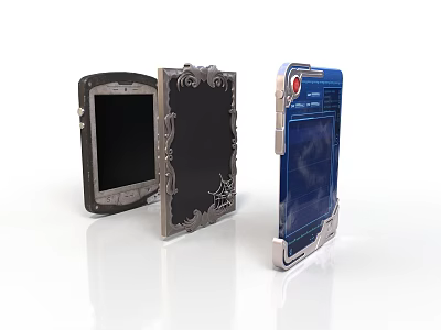 Three Electronic Devices With Different Decorative Frames Blue Screen And Red Button Design 3d model