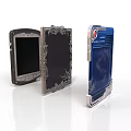 Three Electronic Devices With Different Decorative Frames Blue Screen And Red Button Design
