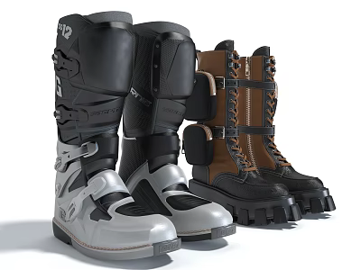 Two Pairs Of Stylish Boots Featuring Motorcycle And Platform Styles 3d model