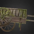 Vintage Wooden Cart With Mossy Surface And Large Spoked Wheel Design