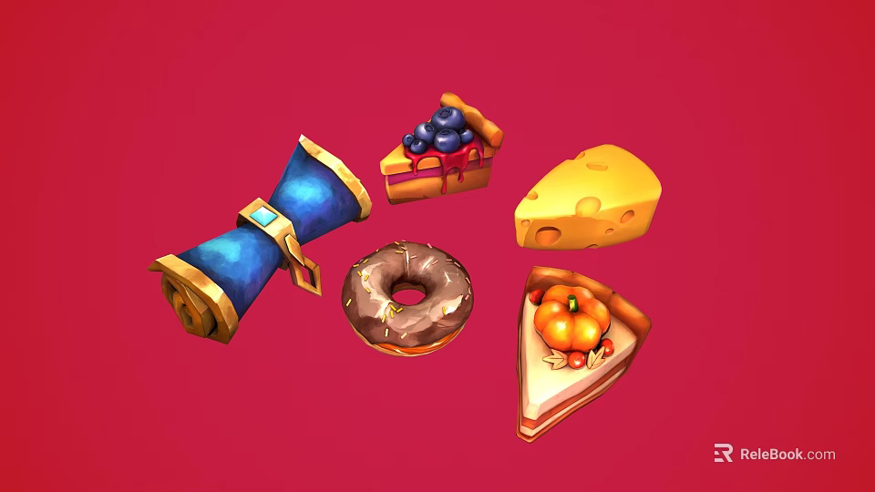 Colorful Assorted Foods Featuring Blueberry Cake Chocolate Donut Cheese Pizza Slice And Pastry Roll 3d model 