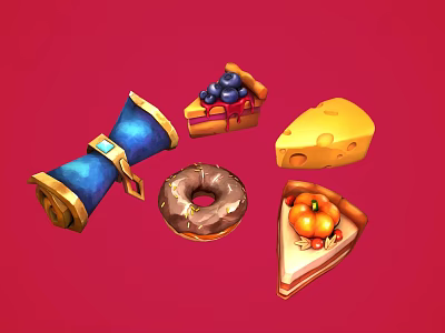 Colorful Assorted Foods Featuring Blueberry Cake Chocolate Donut Cheese Pizza Slice And Pastry Roll 3d model