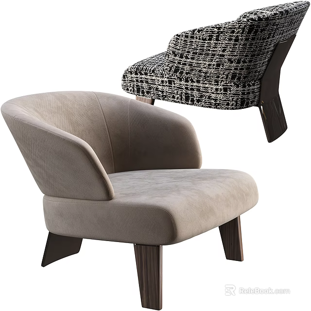Beige and Black White Checkered Single Sofa with Curved Back Dark Wooden Legs Textured Upholstery 3d model 