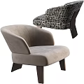 Beige and Black White Checkered Single Sofa with Curved Back Dark Wooden Legs Textured Upholstery