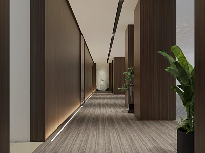 Modern Hotel Corridor With Wooden Panel Walls Carpeted Flooring Strip Lights And Green Plants 3d model