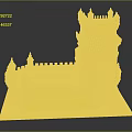 Historic Teal Castle Tower Architecture With Spired Turrets Arched Windows And Stone Platform