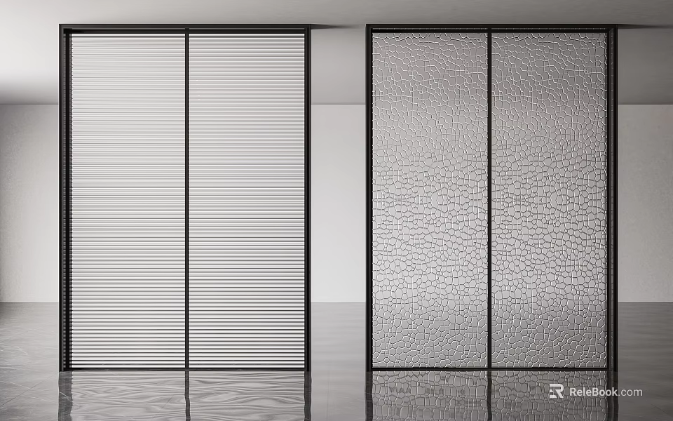 Modern Interior Sliding Doors With Striped And Textured Glass And Black Frames 3d model 