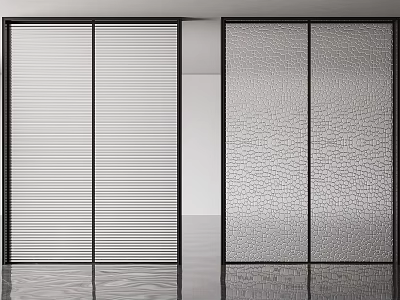 Modern Interior Sliding Doors With Striped And Textured Glass And Black Frames 3d model