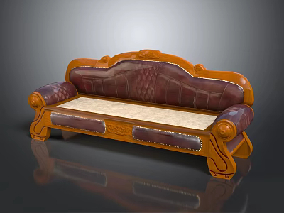 Traditional Multi Person Sofa With Wooden Carved Frame Leather Padded Seats And Textured Backrest 3d model