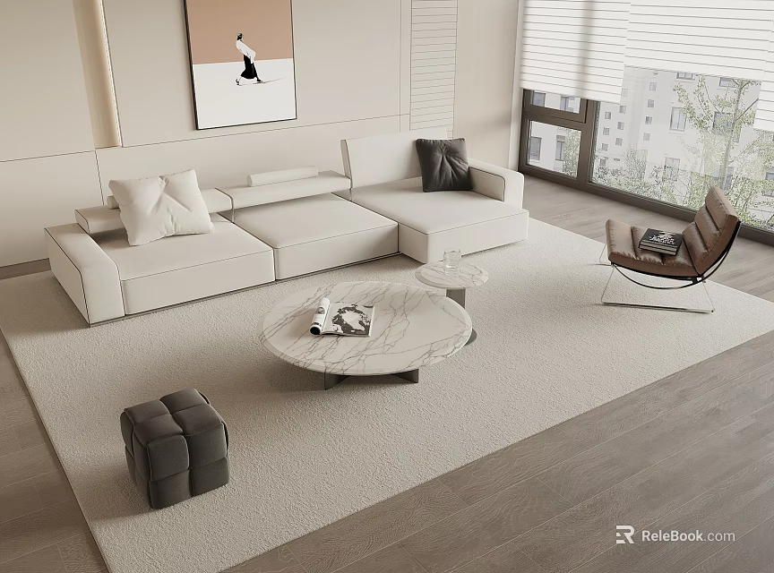 Modern Sectional Sofa with Marble Coffee Table Throw Pillows and Accent Chair 3d model 