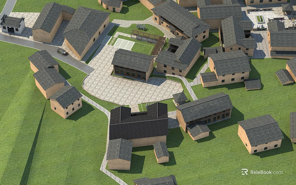 Aerial View Of Traditional Village With Gray Roofs Green Grass And Central Courtyard 3d model 