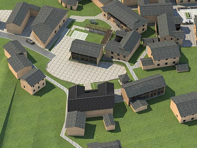 Aerial View Of Traditional Village With Gray Roofs Green Grass And Central Courtyard 3d model