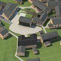 Aerial View Of Traditional Village With Gray Roofs Green Grass And Central Courtyard