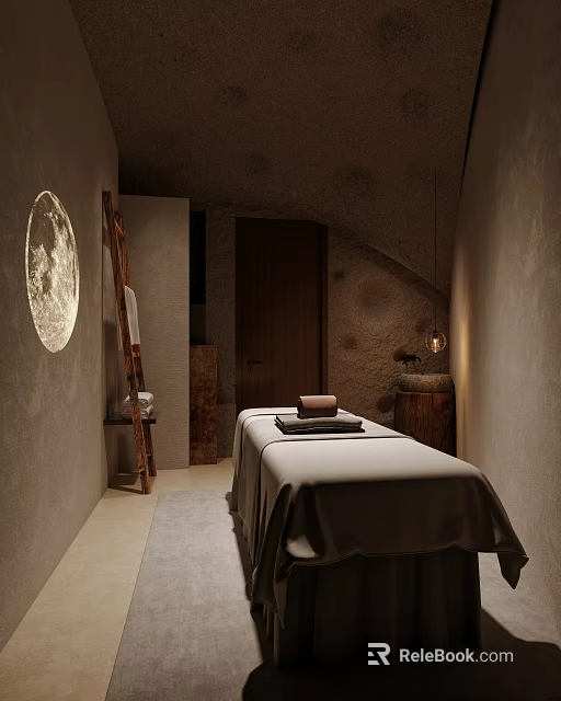 Serene SPA Sauna Room With Moon Projection Massage Bed Stone Walls And Warm Pendant Light 3d model 