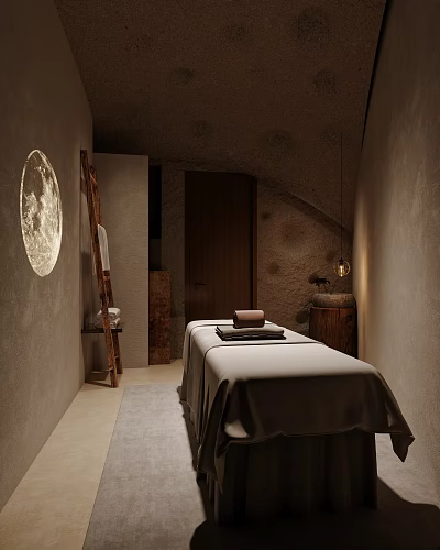 Serene SPA Sauna Room With Moon Projection Massage Bed Stone Walls And Warm Pendant Light 3d model