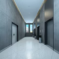 Modern Elevator Hallway With Gray Walls Elevator Doors Windows Ceiling Lights And Polished Floor 3d model