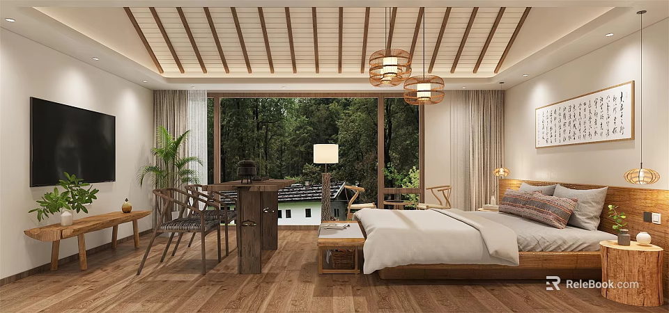 Rustic Hotel Guest Room with Wooden Ceiling Hanging Lamps Forest View Bed and Wooden Floor 3d model 