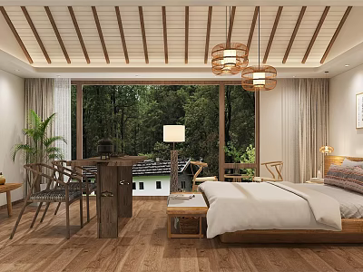 Rustic Hotel Guest Room with Wooden Ceiling Hanging Lamps Forest View Bed and Wooden Floor 3d model