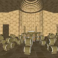 Circular Building Interior Featuring Arched Doorways Stone Tile Floor Arranged Wooden Barrels And Circular Balcony