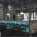 Industrial Style Restaurant Interior With Blue Booths Metal Frame Partitions And Pendant Lights